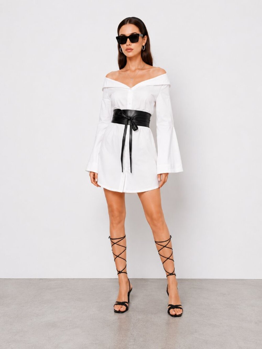 White Off Shoulder Button Down Shirt Dress Bell Sleeve NWT